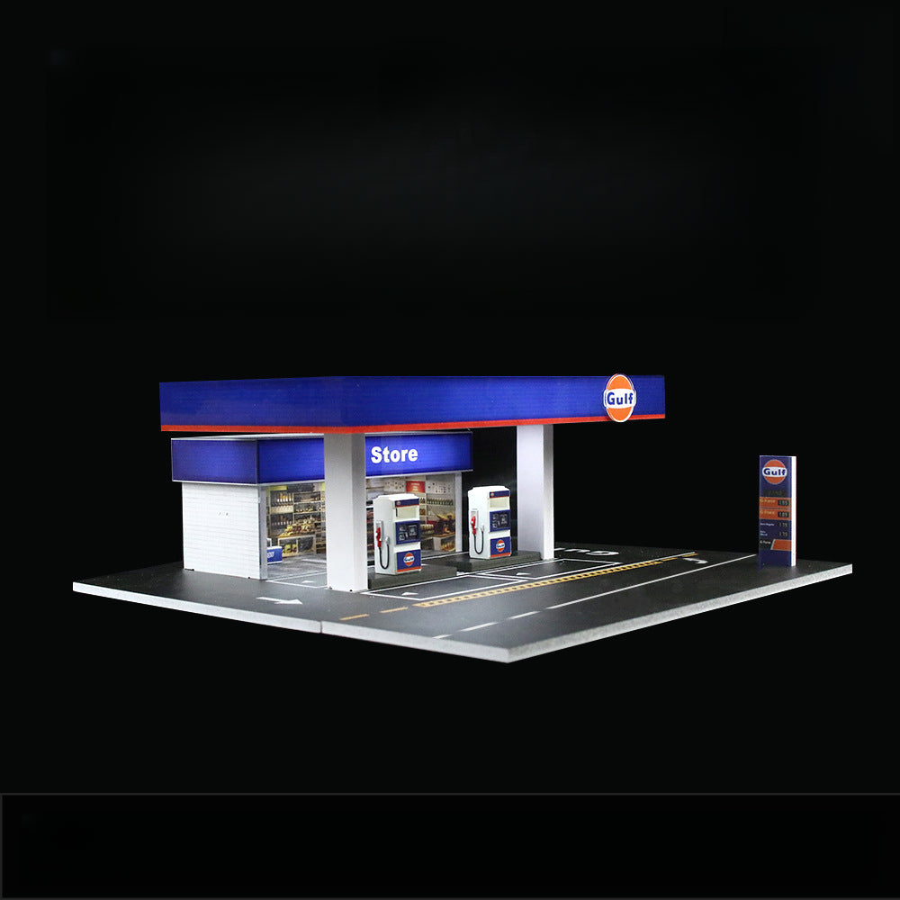 MoreArt 1:64 Gulf Gas Station Scene Model – Miniature Refueling Diorama