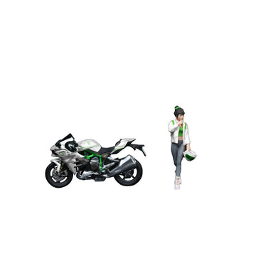 MoreArt 1:64 Kawasaki White Livery Girl with Motorcycle Resin Figurine Set