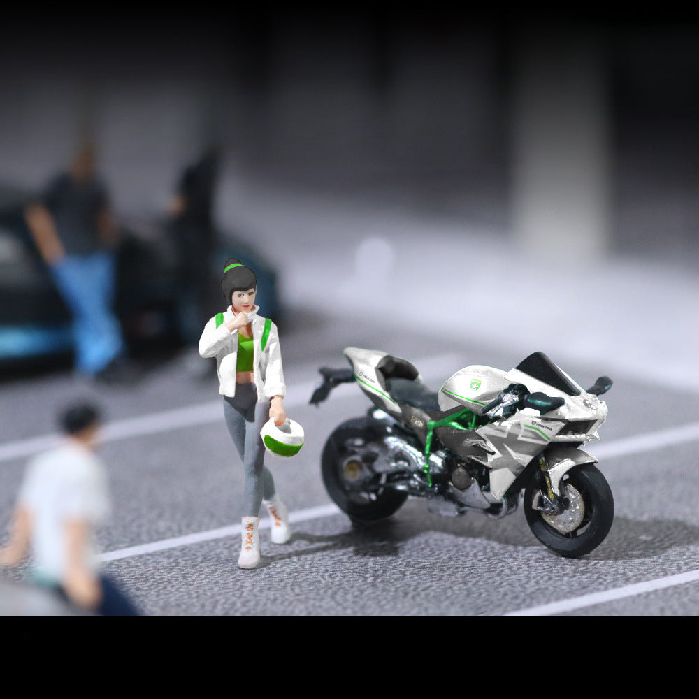 MoreArt 1:64 Kawasaki White Livery Girl with Motorcycle Resin Figurine Set