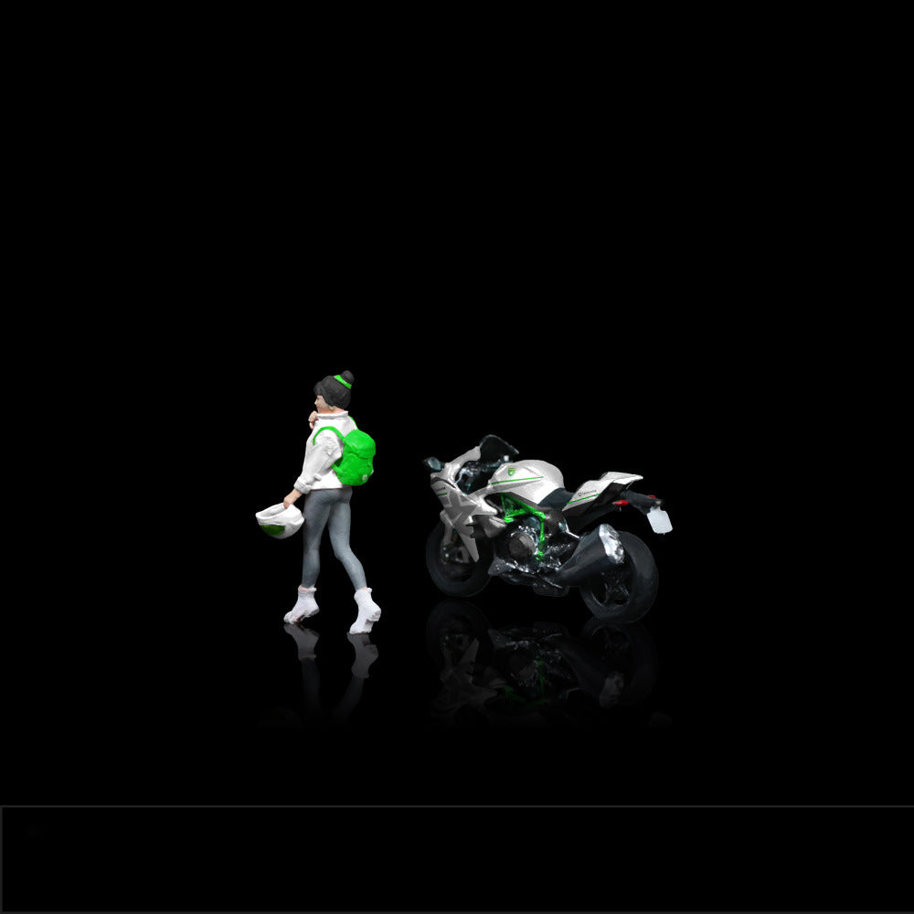 MoreArt 1:64 Kawasaki White Livery Girl with Motorcycle Resin Figurine Set