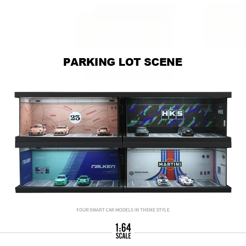 MoreArt 1:64 Themed Parking Lot Four Car Lighted Assembly Diorama MODCOLS