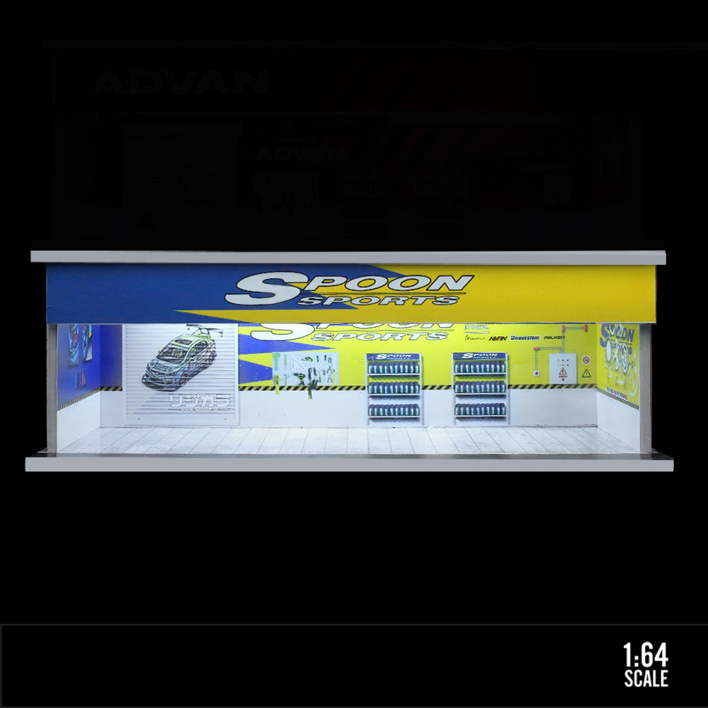 MoreArt 1:64 Martini Falken ADVAN & Spoon Light Up Garage Workshop Diorama MODCOLS