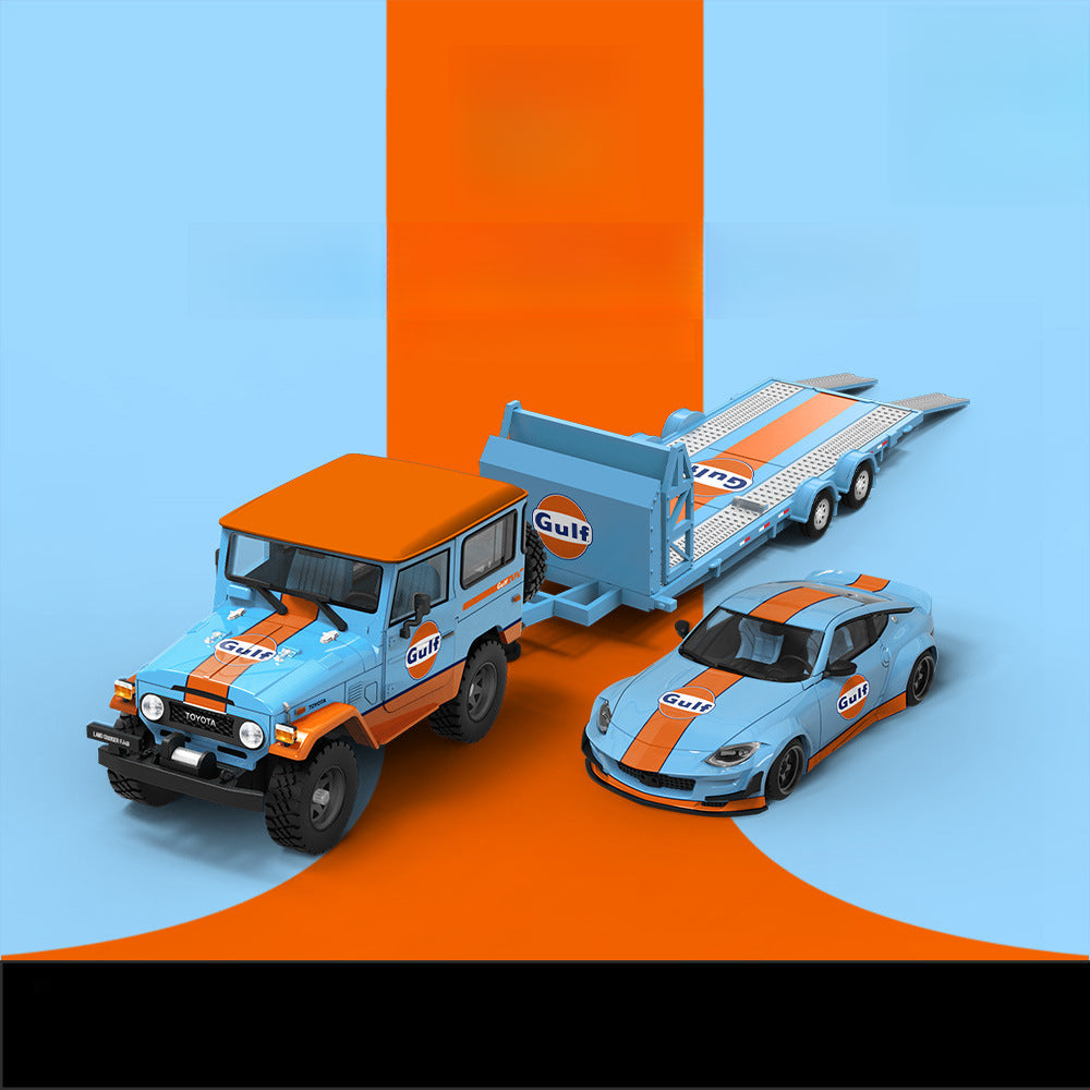 TM 1:64 Nissan 400Z & Toyota FJ40 Gulf Livery with Trailer Diecast Car Model Set