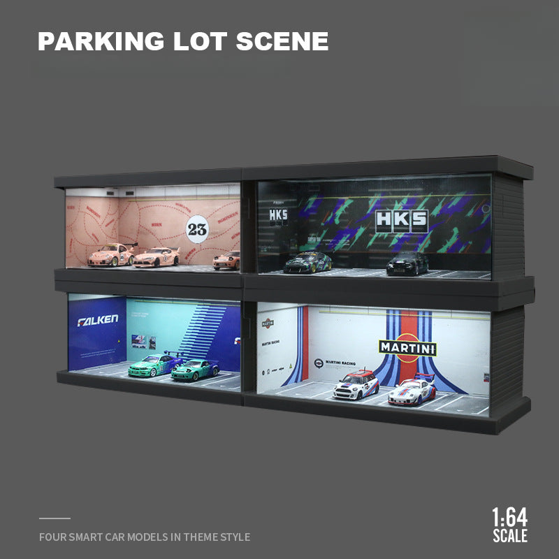 MoreArt 1:64 Themed Parking Lot Four Car Lighted Assembly Diorama MODCOLS