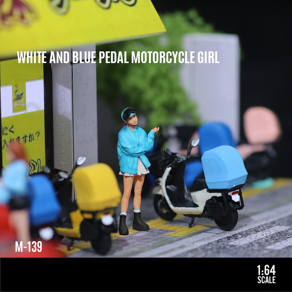 MoreArt 1:64 White & Blue Metallic Scooter Girl Resin Figure MODCOLS