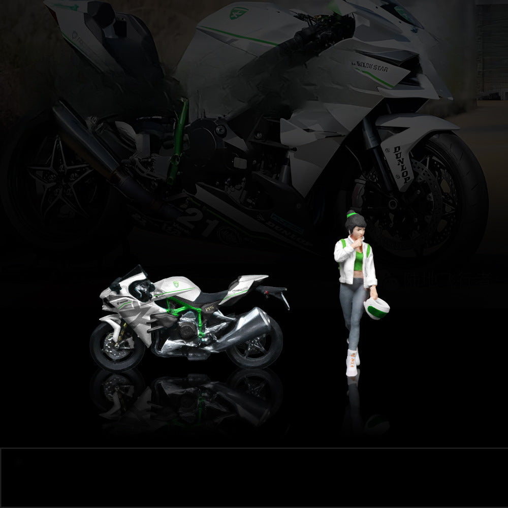 MoreArt 1:64 Kawasaki White Livery Girl with Motorcycle Resin Figurine Set