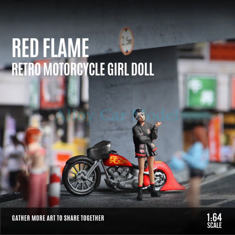 MoreArt 1:64 Red Flame Vintage Motorcycle Lady Figurine Resin Model MODCOLS