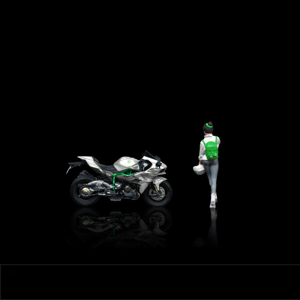 MoreArt 1:64 Kawasaki White Livery Girl with Motorcycle Resin Figurine Set