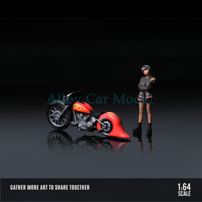 MoreArt 1:64 Red Flame Vintage Motorcycle Lady Figurine Resin Model MODCOLS